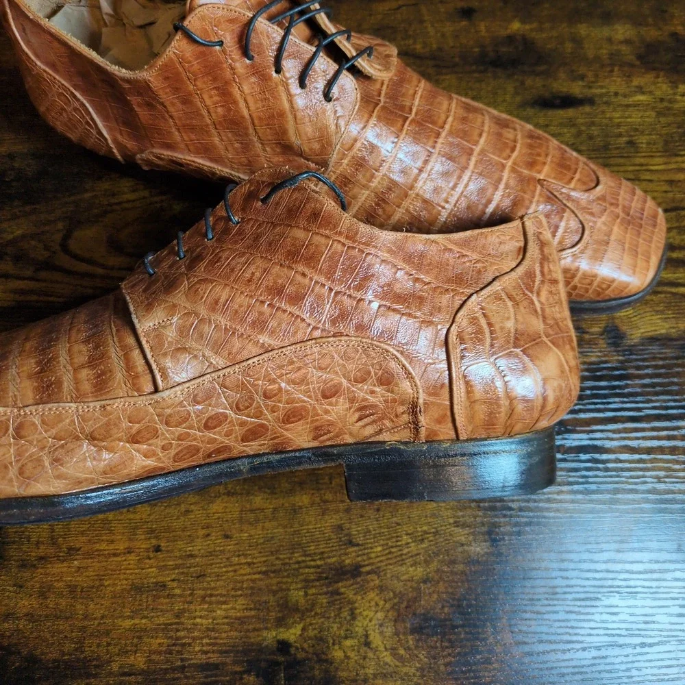 DU Mauri Cognac Alligator Skin Textured Leather Made in Italy Shoes Topy Sole